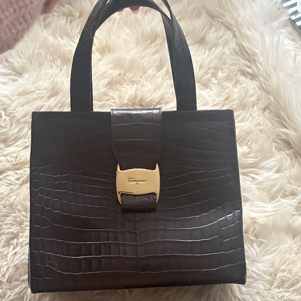 Salvatore Ferragamo Crocodile Leather Handbag - Dark Brown, Vintage